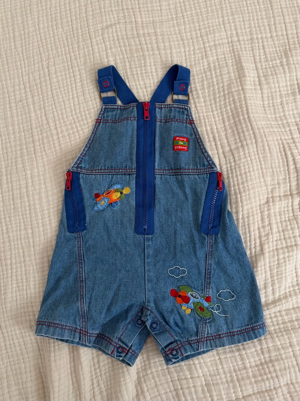 Vintage Honey Pot Airplane Pilot Denim Embroidered Short Overalls